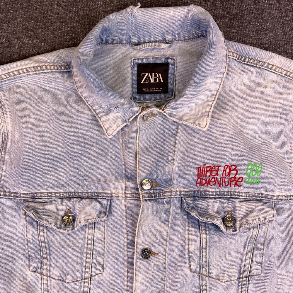 ZARA Acid Wash Denim Jacket Men XL Graphic Distressed Urban Graffiti Trucker Y2k - Picture 11 of 16